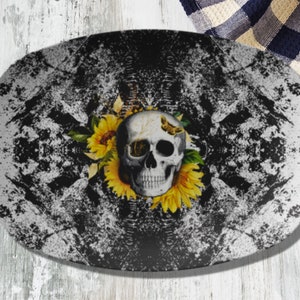Butterfly Skull Platter - Black and White Skull Platter, Skull Dinnerware, Skull Decor, Sunflower Kitchen Decor, Halloween Table Decor