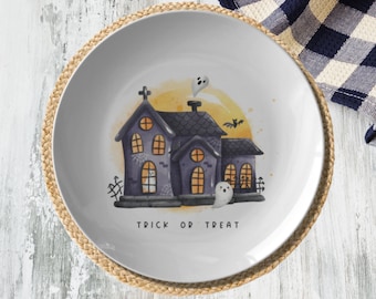 Halloween Haunted House Plate -  Haunted House Dinnerware Featuring Trick or Treat Wording,  Halloween Party Plates, Halloween Table Decor