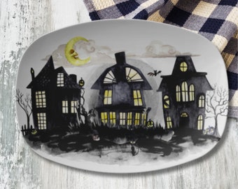 Halloween Serving Tray - Haunted House Village Platter, Halloween Themed Platters, Fall Themed Dinnerware, Spooky Decor, Halloween Server