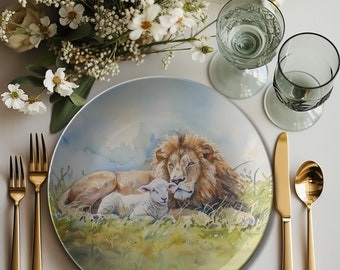 Lion and Lamb Plate  -  Christian Dinnerware, Religious Plate, Lion and Lamb Table Decor, Religious Gift, Decorative Watercolor Style Plate