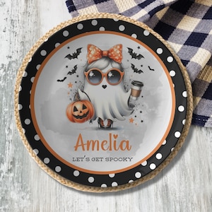 Custom Ghost Halloween Plate -  Cute Halloween Plate, Personalize Halloween Table Decor, Fall Dinnerware, Girl Ghost, Gift Plate, Fall Party