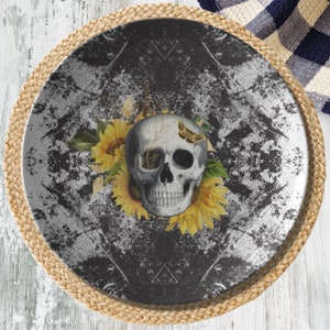 Butterfly Skull Plate - Black and White Skull Plates,  Skull Dinnerware, Skull Decor, Sunflower Kitchen Decor, Halloween Table Decor
