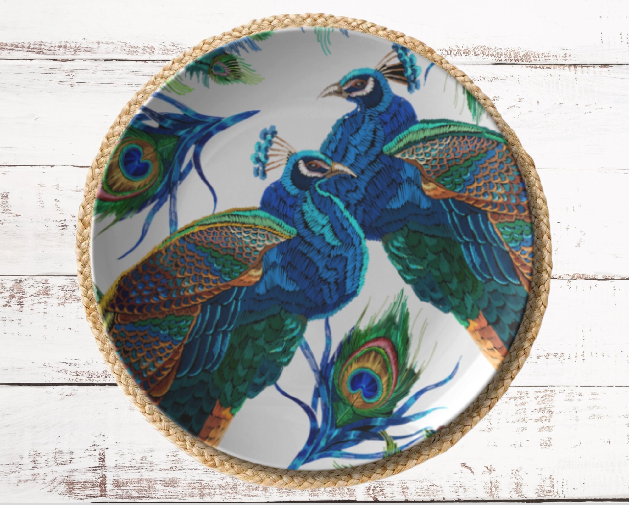 ON SALE Peacock Feather Mat Placemat or Centerpiece Decoration in