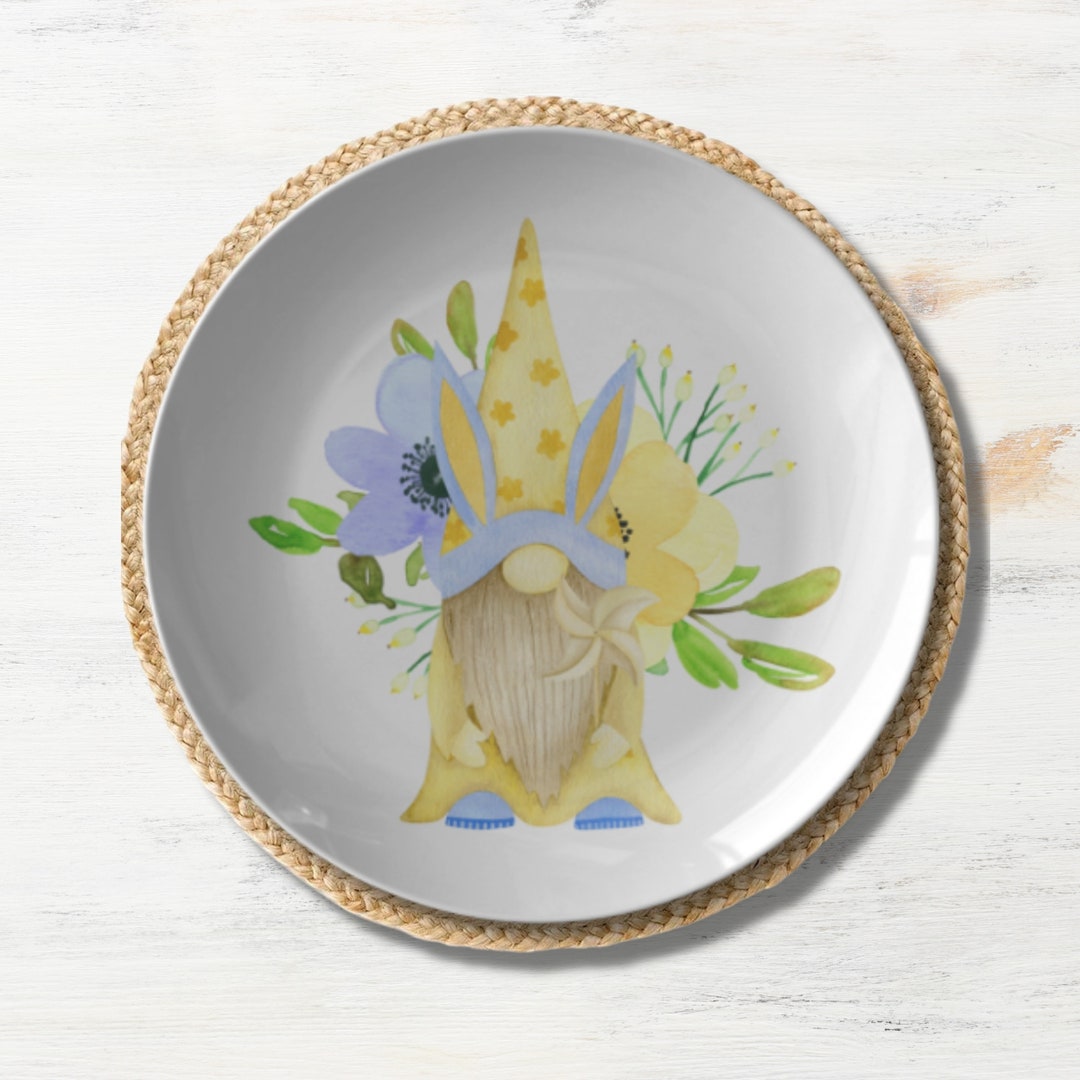 Easter Gnome Plates Yellow Rabbit Gnome Dinner Plate, Floral Easter