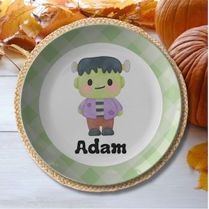 Personalized Halloween Plate for Kids - Custom Halloween Dinnerware for Children, Frankenstein Kids Plates, Halloween Dinnerware Gift