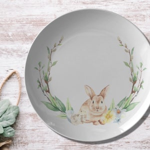 Rabbit Floral Plate - Bunny Plate, Easter Dinnerware, 10 In DecoWare Polymer, Spring Place Setting, Spring Table Decor