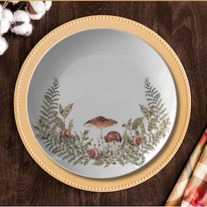 Mushroom Dinner Plate - Mushroom Dinnerware Featuring Snails and Greenery, Mushroom Dish Set, Cottage Core Decor, Gift For Mushroom Lover
