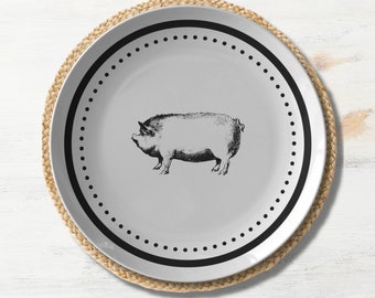 Pig Plate - Farmhouse Dinnerware, Pig Dinnerware, Black and White Pig Dishes, Farmhouse Table Decor, Gift for Pig Lover, Pig Table Decor