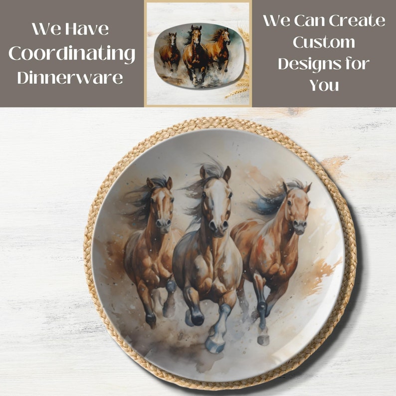 May include: A white ceramic dinner plate with a brown and white watercolor painting of three horses running. The horses have flowing manes and tails. The plate has a brown woven rim.