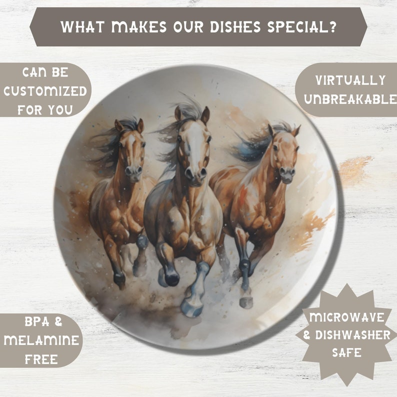 May include: Three brown horses running through a field of brown grass. The image is on a white round plate with a brown rim. The text "WHAT MAKES OUR DISHES SPECIAL?" is at the top of the image. The text "CAN BE CUSTOMIZED FOR YOU" is on the left side of the image. The text "VIRTUALLY UNBREAKABLE" is on the right side of the image. The text "BPA & MELAMINE FREE" is at the bottom left of the image. The text "MICROWAVE & DISHWASHER SAFE" is at the bottom right of the image.