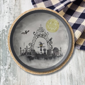 Halloween Spooky Cemetary Plate with Scarecrow Bats and Tombstones -  Halloween Table Decor Perfect Dinnerware for a Halloween Party