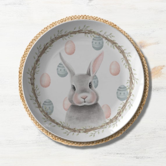 Bunny Wreath Plate Easter Eggs Plates Easter Dinnerware, Bunny