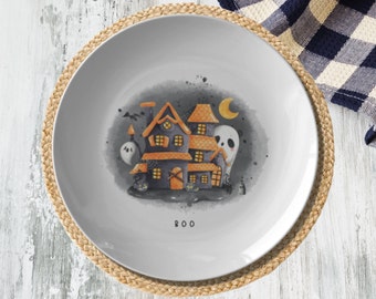 Halloween Ghost Plate with Black and Orange Haunted House, Halloween Dinnerware Featuring Halloween Ghost with Text Boo, Fall Table Decor