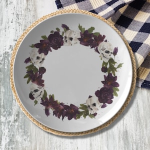 Skull Plate - Purple Floral Skull Wreath Plate, Fall Floral Themed Plates, Halloween Plates,  Skull Dinnerware, Halloween Party Plates