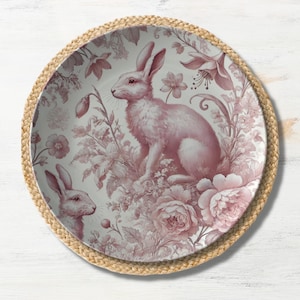 Pink Toile Rabbit Plate – Bunny Floral Toile Dinnerware,  Easter Dishes, Spring Rabbit Table Decor, Cottagecore Tableware, Rabbit Lover Gift