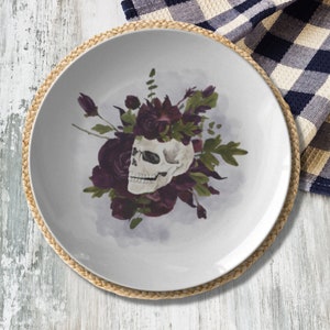 Skull Plate - Fall Purple Floral Skull Dinnerware, Halloween Plates, Halloween Dinnerware, Spooky Dish, Skull Gift Dishes, Fall Table Decor
