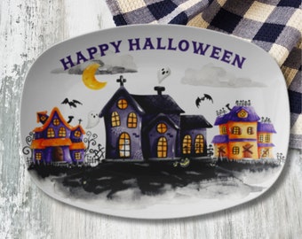 Haunted House Halloween Platter, Happy Halloween Platter With A Haunted House, Ghosts, and Bats -  Fall Dinnerware, Halloween Table Decor