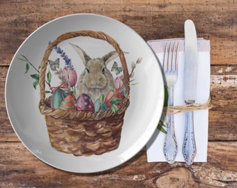 Rabbit in a Basket Plate - Easter Plate, Spring Bunny Butterfly Basket Plates, Easter Table Decor, Rabbit Dinnerware, Easter Gift Plate