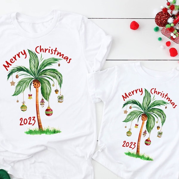 Merry Christmas 2023, Tropical Christmas shirt, Christmas on the beach, Christmas palm tree, Family Christmas Tees, Xmas matching shirts X23