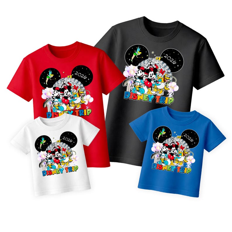 May include: Four short-sleeved t-shirts in red, black, white, and blue. Each shirt features a colorful graphic of Disney characters, the text "Disney Trip," and the year "2020." The design includes Mickey Mouse ears and floral accents.
