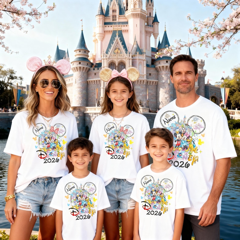 May include: A family of five wearing matching white t-shirts with a colorful Disney design. The shirts feature a Mickey Mouse head with the text "Disney 2026" and a space for a name. The family is posing in front of a castle.