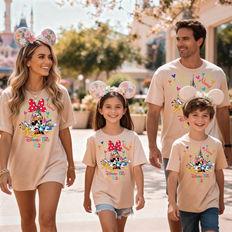 May include: A family of four wearing matching tan t-shirts with a Disney theme. The shirts feature a colorful graphic of Disney characters, a castle, and the text "Disney Trip 02". Each person wears floral Minnie Mouse ears.