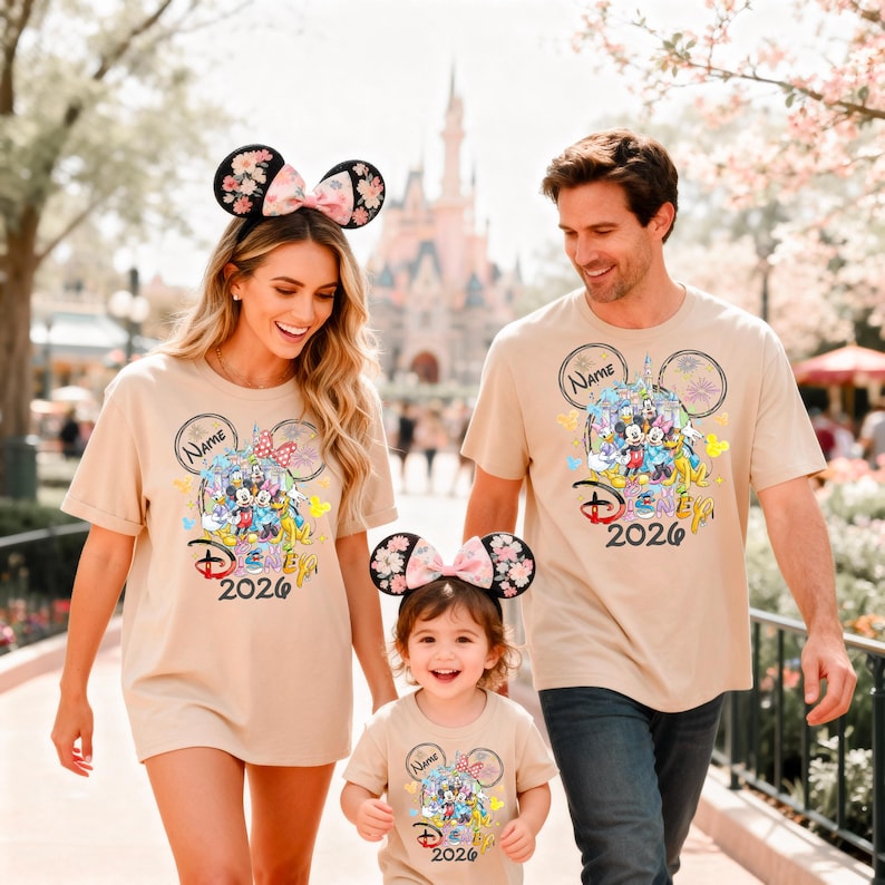 May include: Beige t-shirts with a Disney-themed graphic, featuring Mickey Mouse, Minnie Mouse, and other characters. The shirts have the text "Name" and "2026". The family is wearing matching floral mouse ear headbands.
