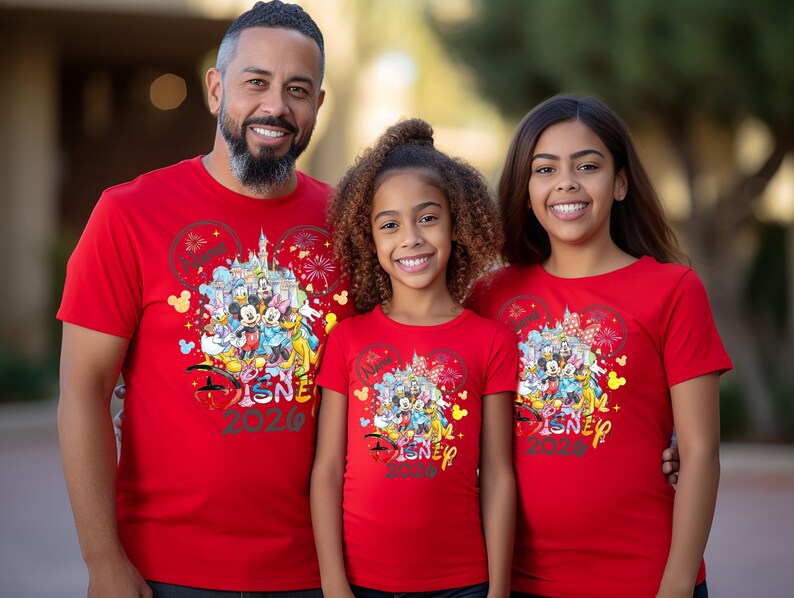 May include: Three people wearing matching red t-shirts with a Disney theme. The shirts feature a colorful graphic of Disney characters, a castle, fireworks, and the text "DISNEY 2020".
