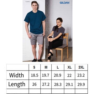 May include: A unisex t-shirt size guide with measurements in inches. The guide includes width and length measurements for sizes S to 2XL. The image also shows a man and a woman wearing t-shirts.