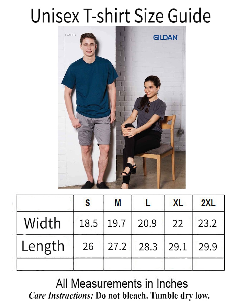 May include: A unisex t-shirt size guide with measurements in inches. The guide includes width and length measurements for sizes S to 2XL. The image also shows a man and a woman wearing t-shirts.