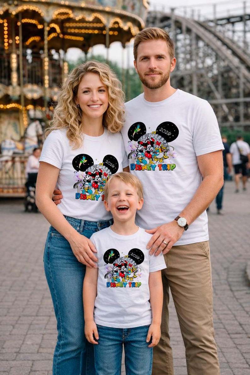 May include: A family of three wearing matching white t-shirts with a colorful Disney graphic. The shirts feature Mickey Mouse, Minnie Mouse, and other Disney characters, with the text "Disney Trip 2020". The family is smiling in front of a carousel.