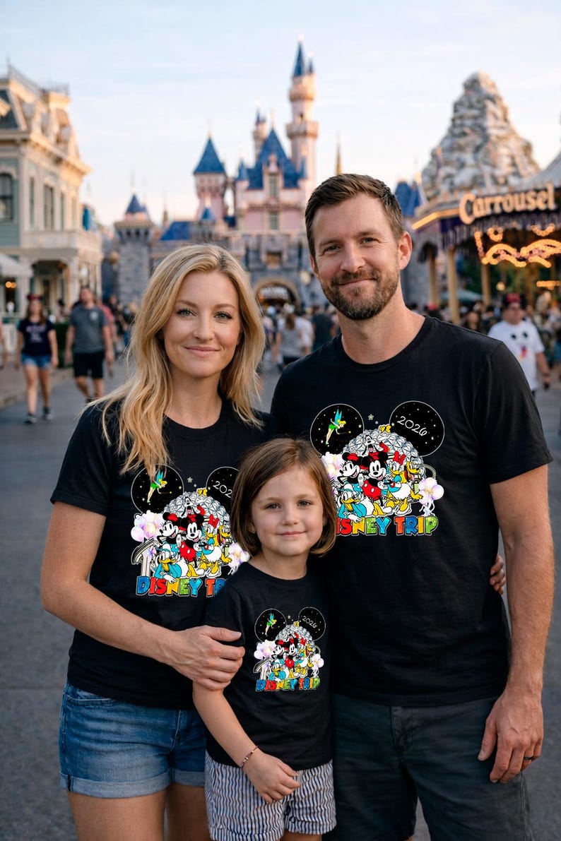 May include: A family of three wearing matching black t-shirts with a colorful Disney character design. The shirts have the text "2020 Disney Trip" and feature Mickey Mouse, Minnie Mouse, and other characters. The family is posing in front of a castle.