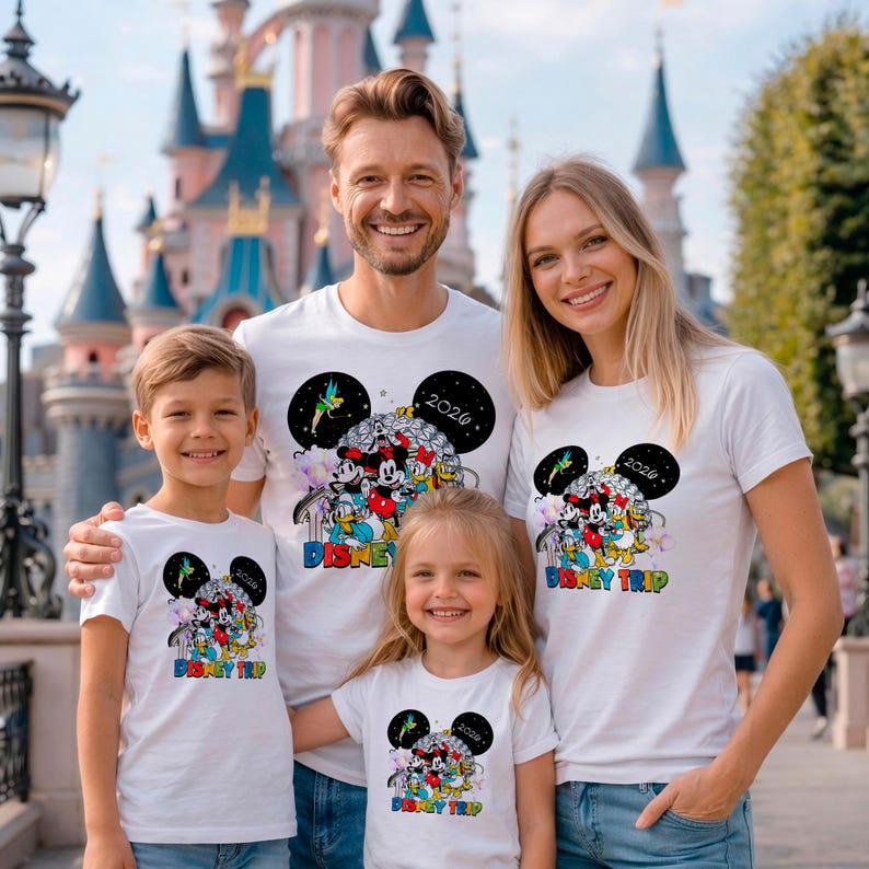 May include: White t-shirts with a colorful Disney graphic featuring Mickey Mouse, Minnie Mouse, and other characters. The shirts have the text "Disney Trip 2020" in a rainbow font. The family is smiling in front of a castle.