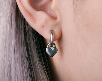 Chunky Heart Hoop Huggie Earrings, Love, Charm, Stainless Steel Jewelry, Minimalistic, Grunge, Latch Back Hoops, Dangle, Valentine, Secure