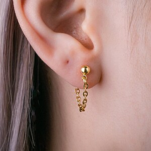 Gold Stainless Steel Chain Stud Hypoallergenic Earrings, Single or Pair, Alt Earrings, Golden, Grunge, Alternative, Minimalistic, Helix