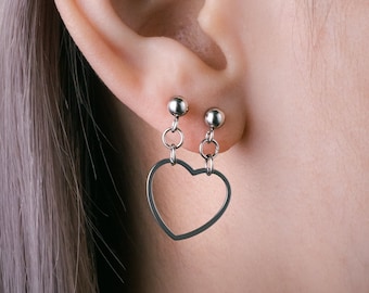 Double Lobe Heart Studs Earrings, Love, Charm, Stainless Steel Jewelry, Minimalistic, Grunge, Studs, Dangle, 2 Piercings, Helix, Valentine
