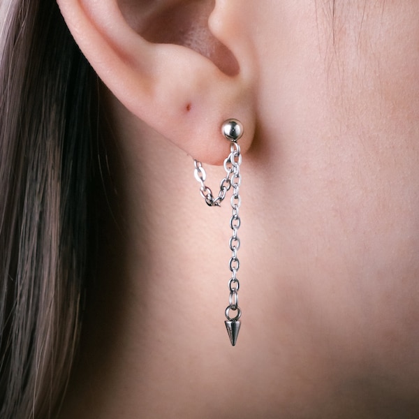 Stainless Steel Chain and Tiny Spike Stud Hypoallergenic Earrings, Alt Earrings, Retro