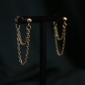 Double Gold Stainless Steel Chain Stud Earrings, Single, Pair, Alt Earrings, Golden, Grunge, Alternative, Minimalistic, Helix, Conch