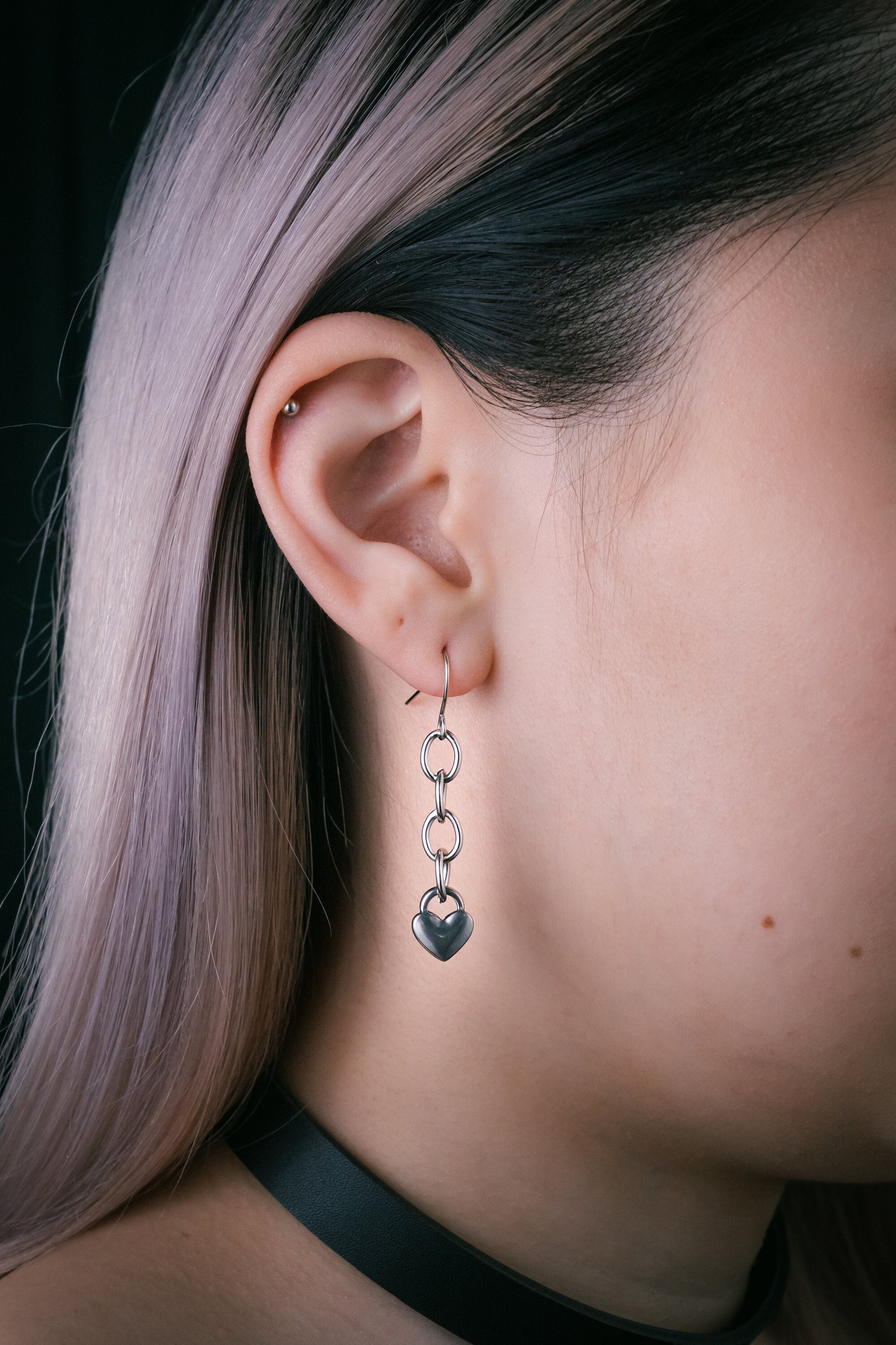 Chunky Heart Chain Hook Earrings, Charm, Stainless Steel Jewelry, Minimalistic, Grunge, Hook, Dangle, Drop, Love, Valentine, Alternative
