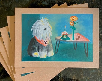 Old English Sheepdog Birthday Card, Pet Birthday Greeting Card, Mid Century Cards, Pet Gift, Sheepadoodle Card, Birthday, Shaggy Dog Cupcake
