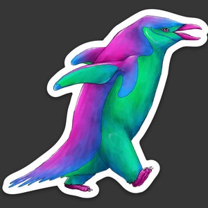 May include: A vibrant, colorful penguin illustration with pink, blue, and green hues. The penguin is walking with its wings outstretched, and its beak is open.