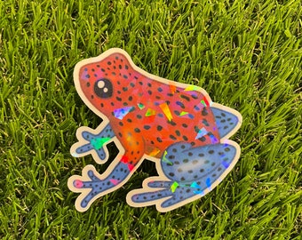 Strawberry poison dart frog sticker, holographic, nature inspired stickers