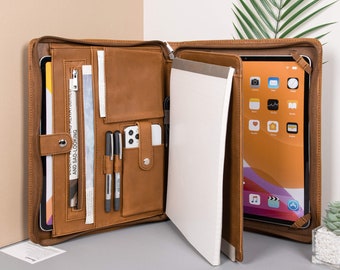 Gepersonaliseerde bruine Crazy Horse lederen portfolio, A4 documentorganisator met ritssluiting met iPad Pro-hoes, echt lederen padfolio, relatiegeschenk