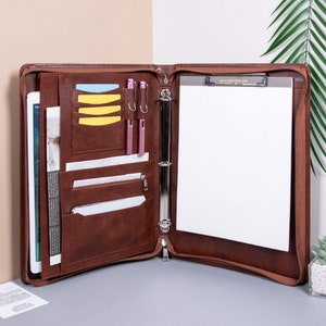 Pasta de couro vintage com 2/3/4 argolas, pasta personalizada marrom escuro com prancheta, organizador de couro A4 personalizado, presente de Natal
