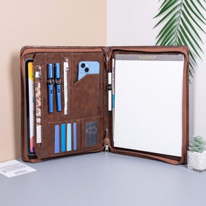 Portafolio de cuero Pu marrón oscuro, Padfolio de negocios de cuero personalizado, Organizador de documentos A4, Cubierta de cuaderno personalizada, Regalo corporativo premium