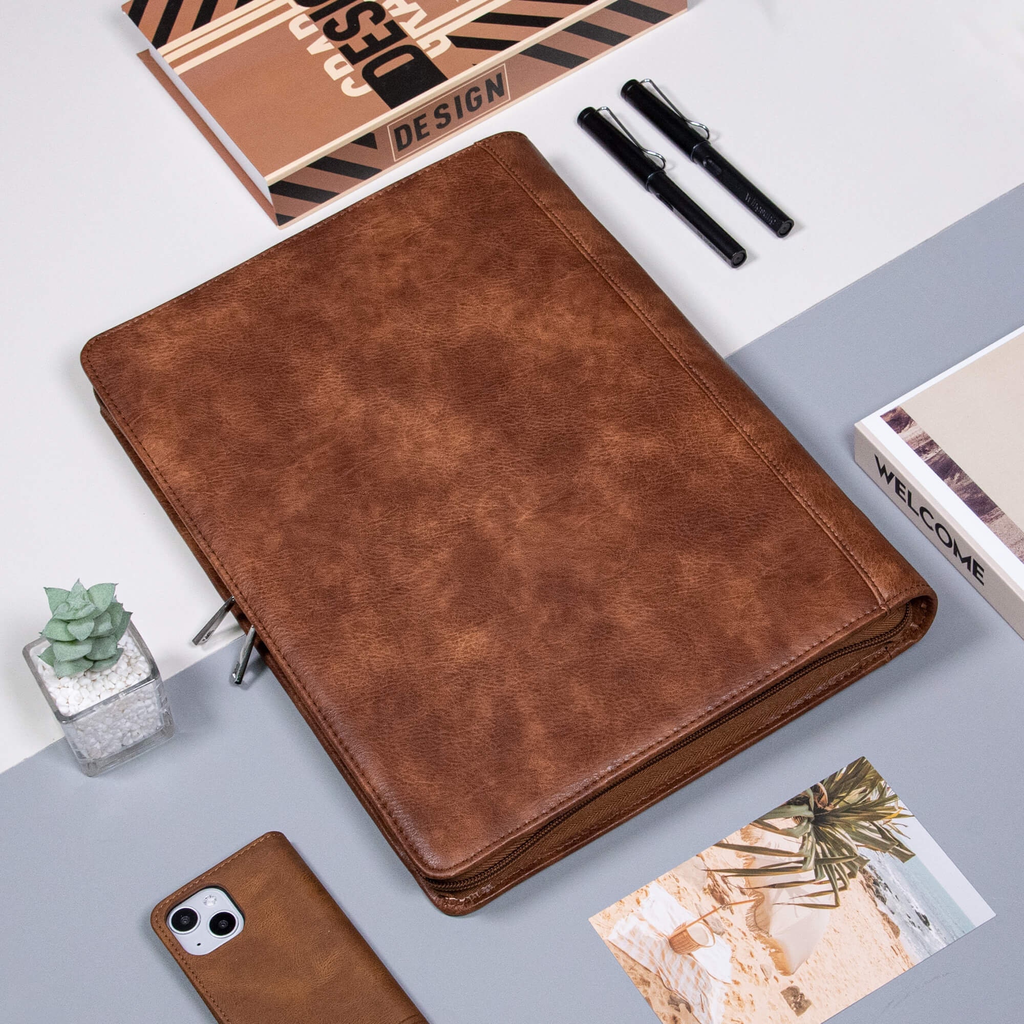 Personalized Vintage Leather Portfolio, Custom 3-Ring Binder Portfolio, Office Padfolio with Clipboard, Custom Company Gift, Graduation Gift