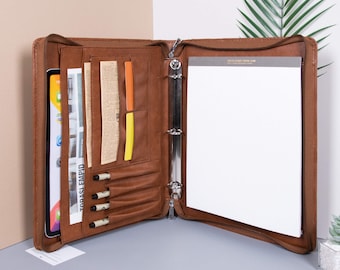 Pasta personalizada em couro vegano marrom com fichário 3R, porta-documentos com zíper, pasta para bloco de notas A4 para homens, presente personalizado para mães.