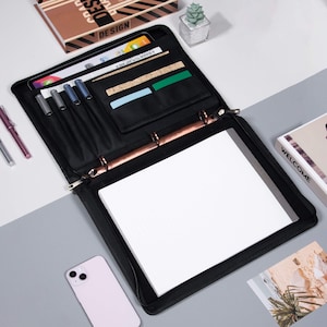Personalizowane czarne skórzane portfolio Crazy Horse z segregatorem 3R, teczka na dokumenty biurowe z zamkiem błyskawicznym, teczka na notatki A4 dla mężczyzn, prezent dla mężczyzn