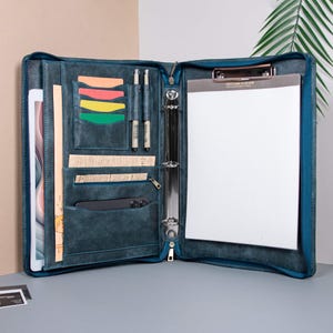 Pasta de 3 argolas vintage azul, organizador de negócios de couro personalizado, pasta padfólio de couro personalizada para homens, presente de comemoração exclusivo