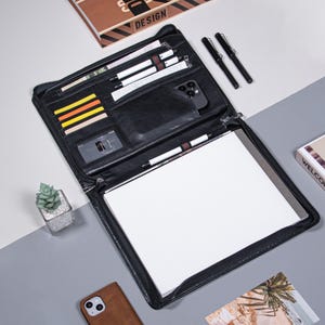 Portafolio personalizado de cuero vegano negro, portafolios de cuero para negocios, portacuaderno A4 personalizado para hombre, regalos de empresa